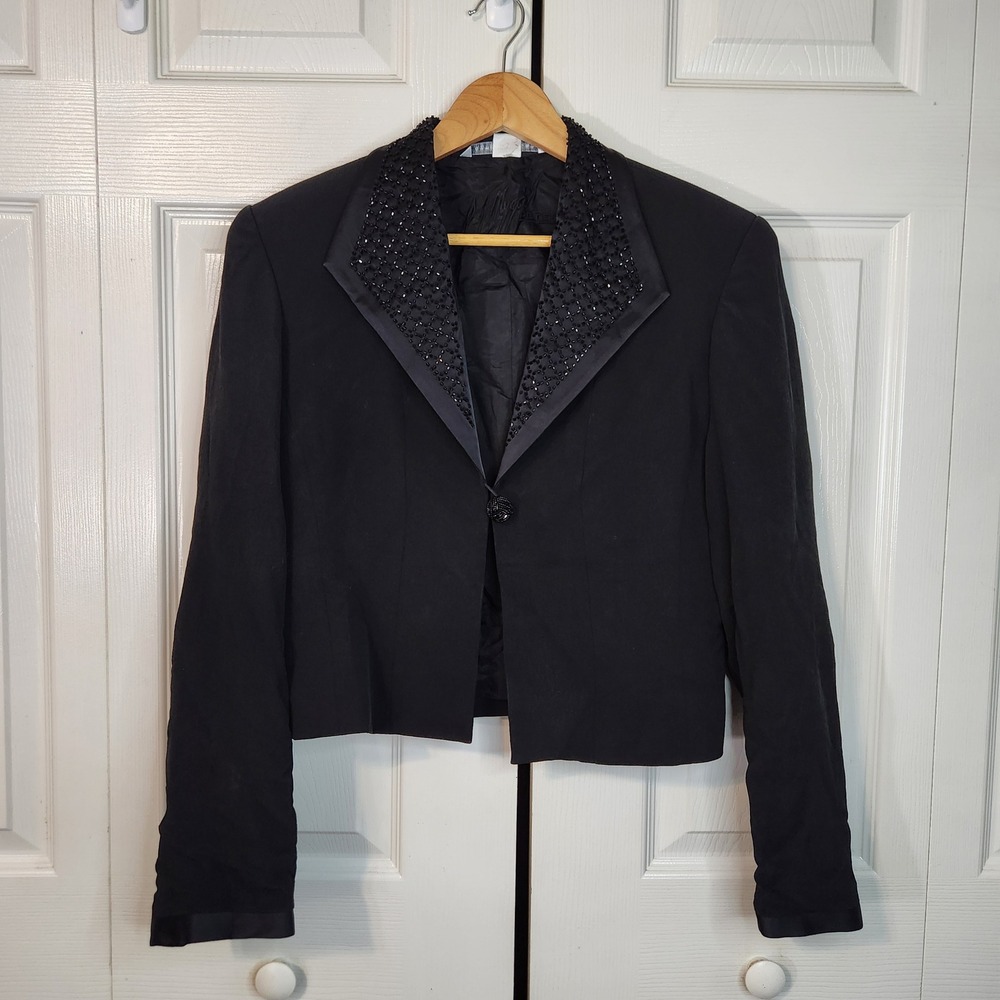 Peter Nygard Black Silk Beaded Cropped Blazer Jacket Size 6 Vintage Evening Wear